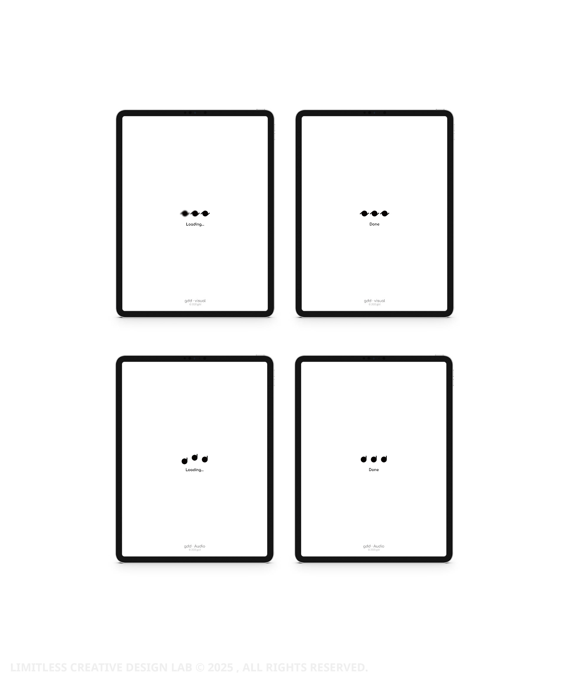 Four tablet screens showing the gdd innovation identity.